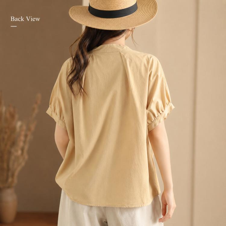 Vintage Overlap Collar Women Short Sleeve Shirt, M, L, XL, 2XL