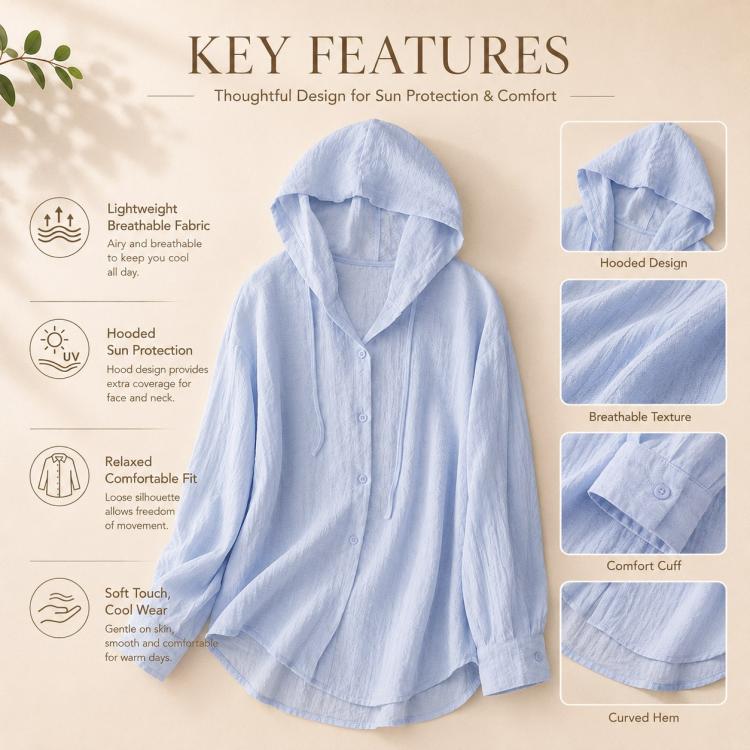 Lightweight Long Sleeve Hooded Linen Sun Protection Coat, M, L, XL, 2XL