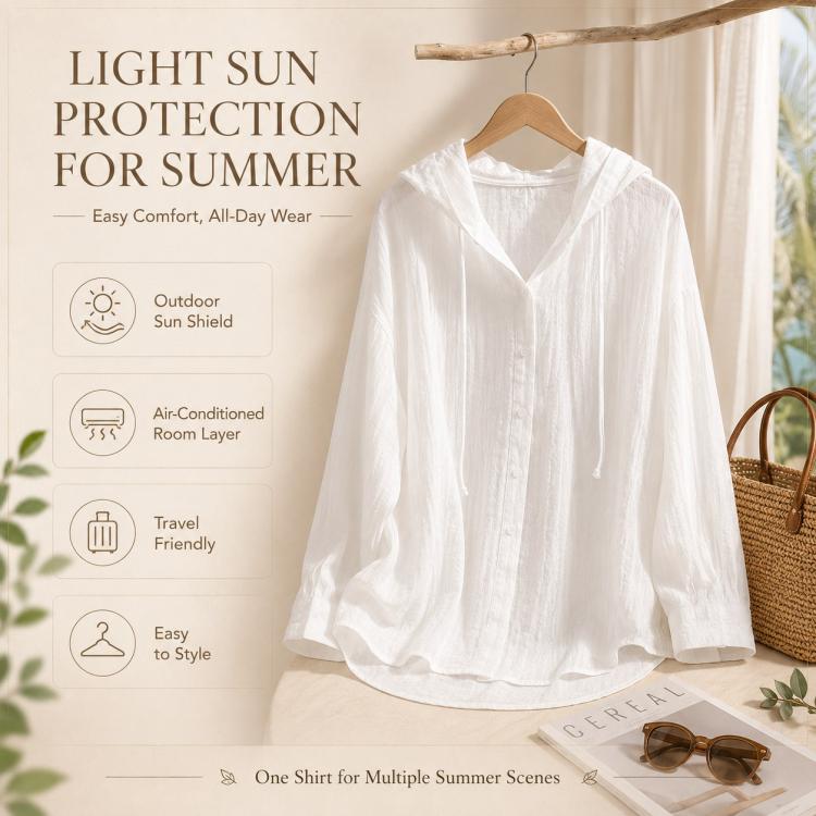 Lightweight Long Sleeve Hooded Linen Sun Protection Coat, M, L, XL, 2XL
