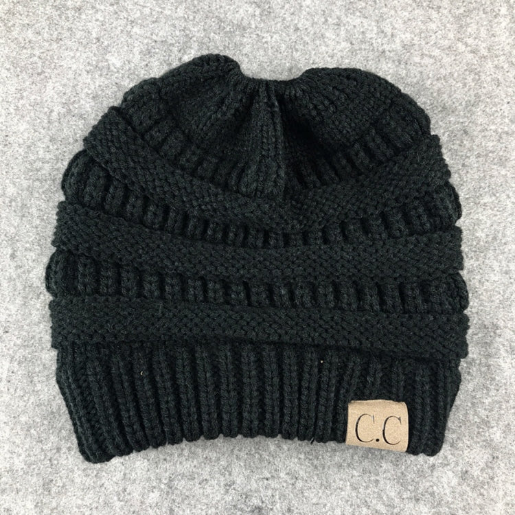 CC Letter Ponytail Cap Knitting Hat for Ladies, Black, Grey, Magenta, Black+Grey, Red, Baby Blue, White, Wine Red, Brown