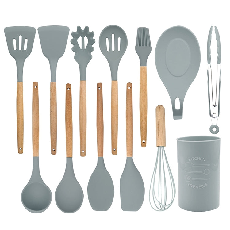 13 in 1 Silicone Wood Handle Heat-resistant Cooking Cutlery Sets Kitchen Tools with Small Container, 13 in 1, with Small Container