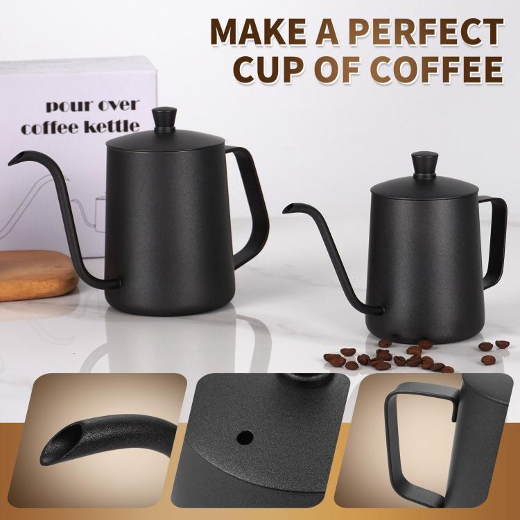 Swan-Necked Narrow-Mouth Stainless Steel Pour-Over Coffee Pot with Lid, 350ml, 600ml