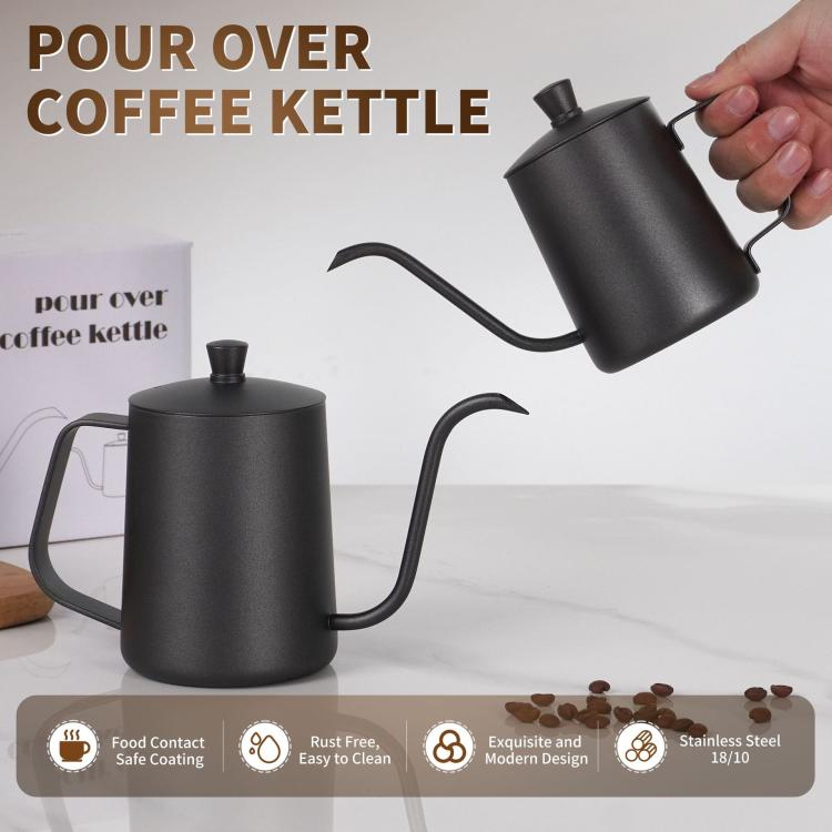 Swan-Necked Narrow-Mouth Stainless Steel Pour-Over Coffee Pot with Lid, 350ml, 600ml