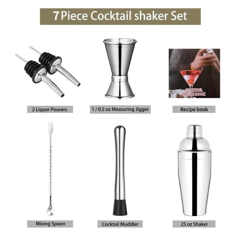 Stainless Steel Cocktail Set 750ml Shaker and Cocktail Tools, 7-Piece Set