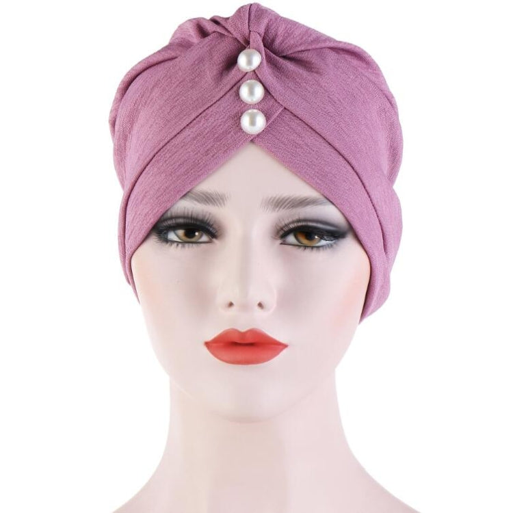Women Forehead Fold Pearl Decorative Hooded Cap Turban Hat, One Size