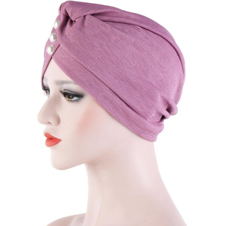 Women Forehead Fold Pearl Decorative Hooded Cap Turban Hat, One Size