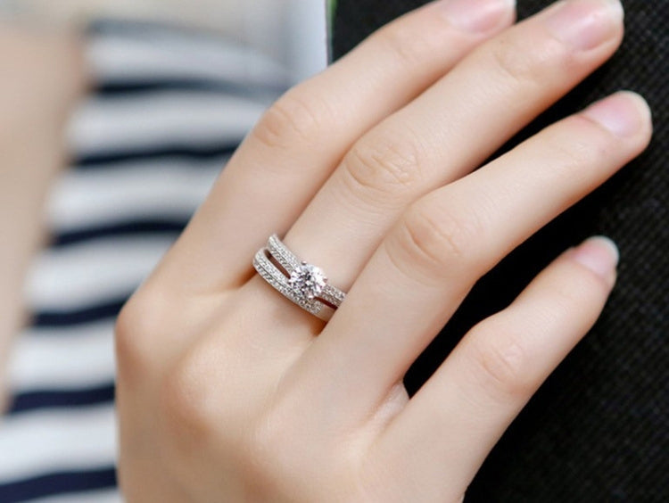Silver Double Zircon Wedding Rings Set, 8, 9, 10, 11, 12, 13, 14, 15, 16, 17, 18, 19, 20, 21