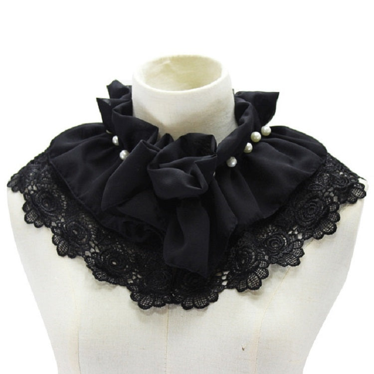 Women Beaded Chiffon Decorative Collar Flowers Folding Polo-neck Shawl Fake Collar