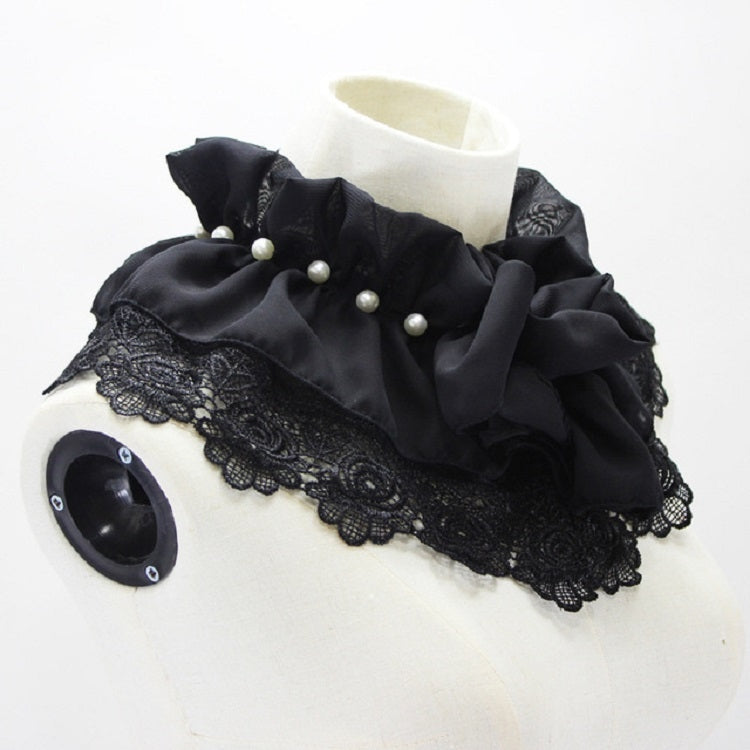 Women Beaded Chiffon Decorative Collar Flowers Folding Polo-neck Shawl Fake Collar