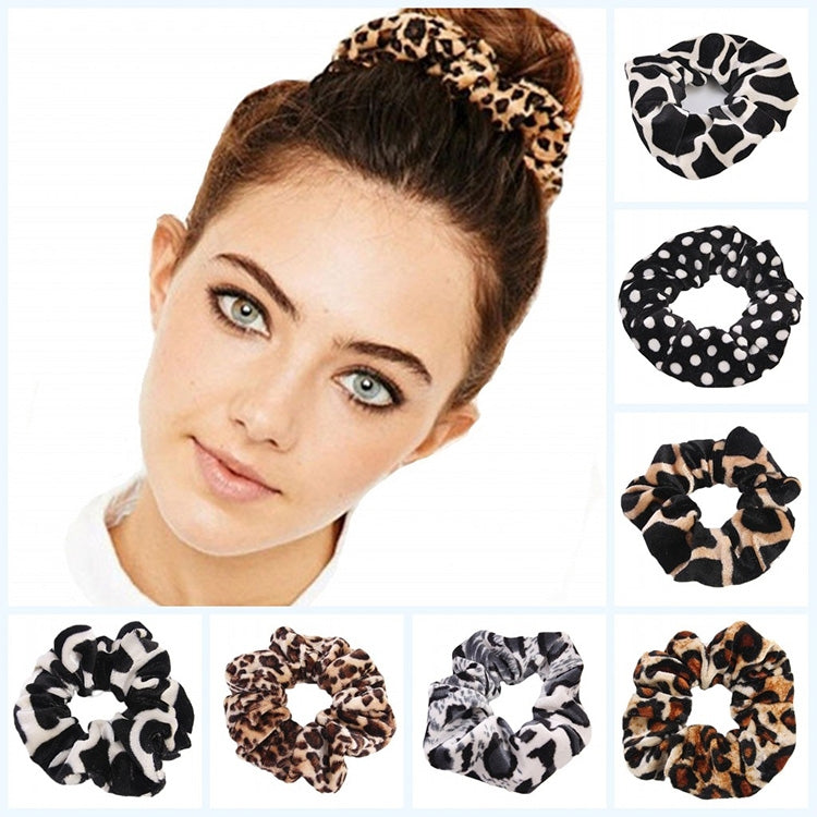 2 PCS Velvet Leopard Hair Ring Gold Velvet Headband Flannel Hair Band Hairball Hair Pocket Flower, Leopard Print, Black and White dots, Piebald, Black and White Geometry, Fine Leopard Print