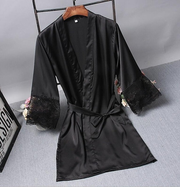 Robes  Elegant Sleepwear Sexy Lace Women Dressing Kimono Silk Bath Robe, XL, XXL, M, L