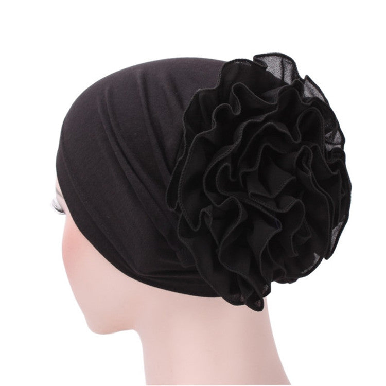 Solid Color Chiffon Big Cap Flower Pullover Turban Hat, One Size