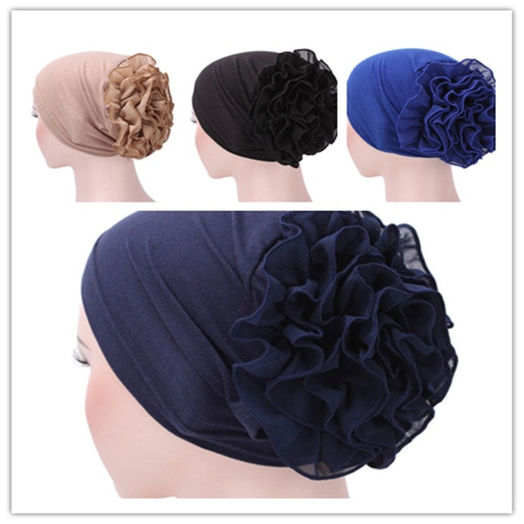 Solid Color Chiffon Big Cap Flower Pullover Turban Hat, One Size