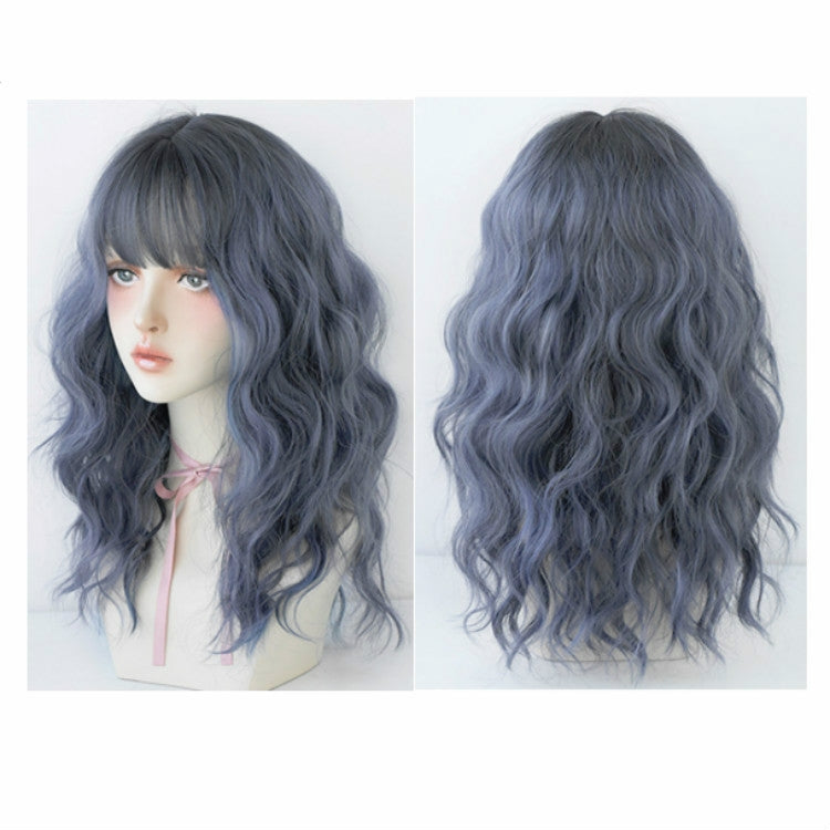 Women's Wool Long Hair With Bangs Natural Fluffy Wig, Pink Brown (Brown On Top) 54CM, Haze Blue (Black On Top ) 54CM, Cold Brown 54CM, Black Brown 54CM