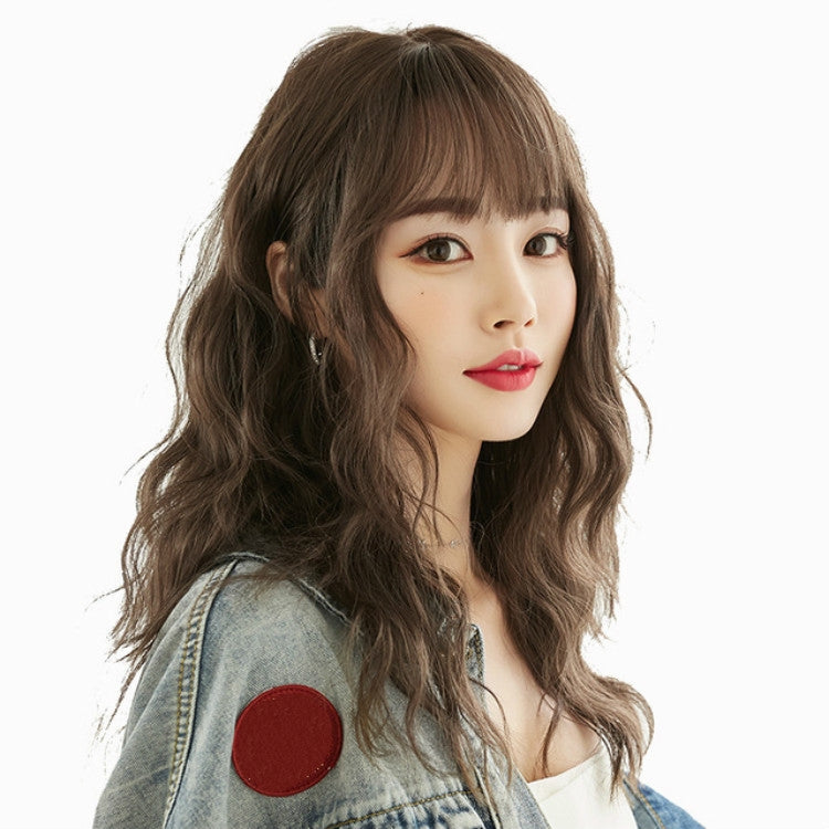 Women's Wool Long Hair With Bangs Natural Fluffy Wig, Pink Brown (Brown On Top) 54CM, Haze Blue (Black On Top ) 54CM, Cold Brown 54CM, Black Brown 54CM