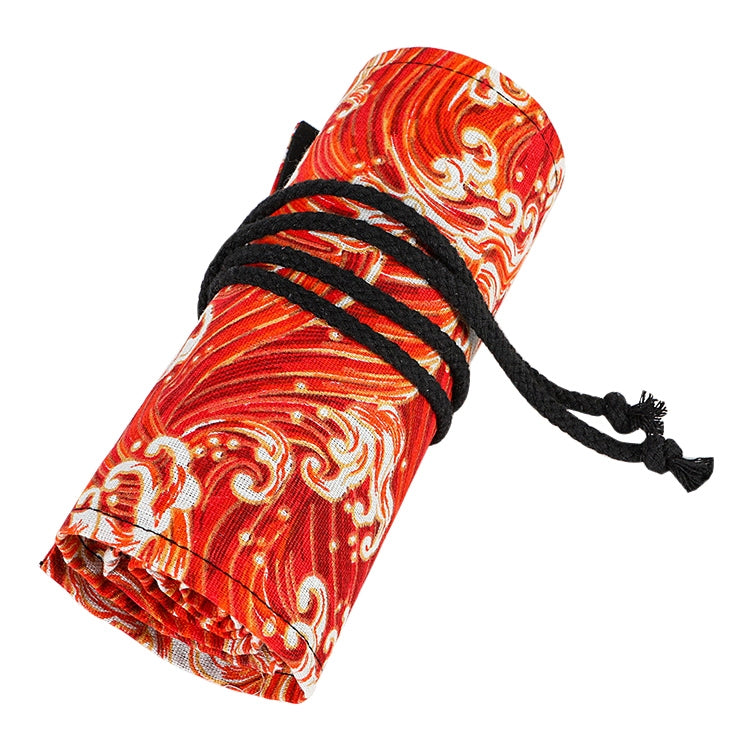 Golden Red Sea Wave Printing Roller Pencil Case Large Capacity Pencilcase Canvas Big Pen Bag