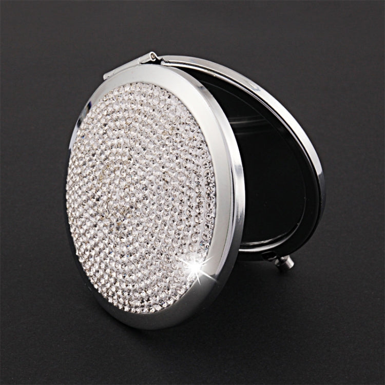 Diamond-encrusted Metal Double Side Folding Mini Portable Round Small Makeup Mirror, White, Red, Pink, Sky Blue, Green, Color White, Bright Black