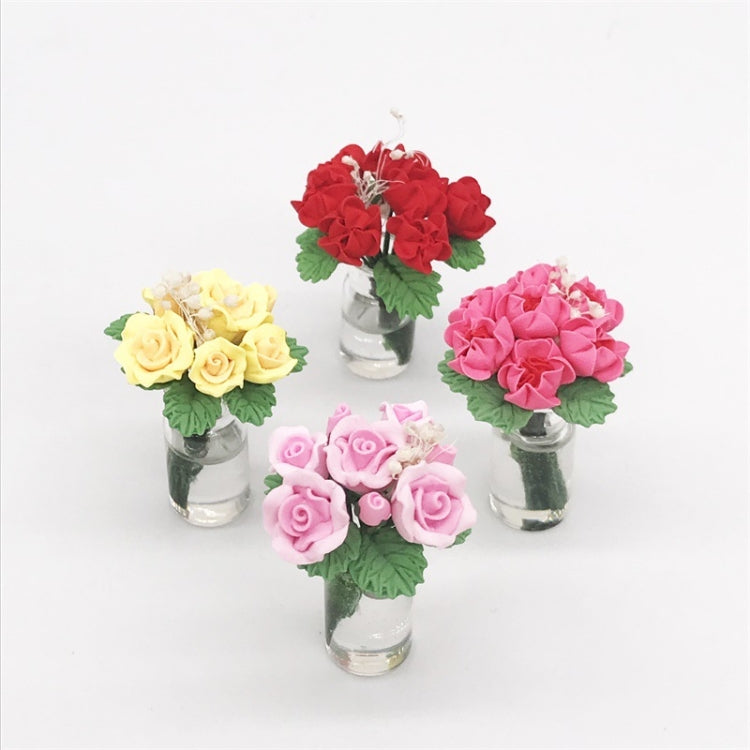 Mini Dollhouse Living Room Decoration Garden Scene Potted Roses, Yellow, Pink, Red, Rose Red