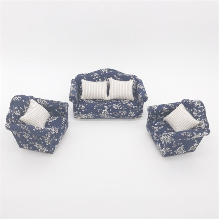 1:12 Doll House Furniture Decoration Three-piece Mimulation Sofa, Blue White Flower, Beautiful Flower Cluster, Fresh Big Flower Cluster, Water Jade, Square, Beautiful Vine