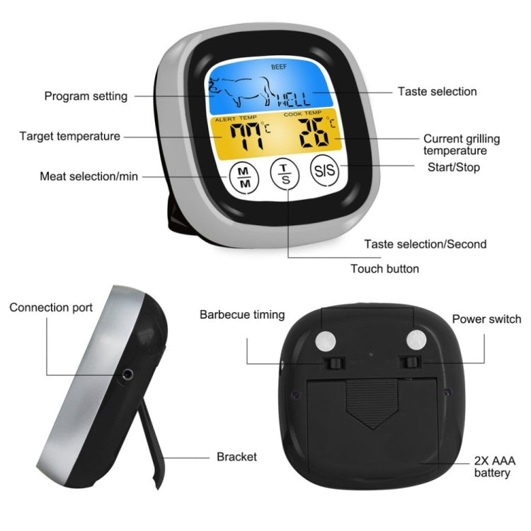 Kitchen Food Digital Display Touch Field Barbecue Thermometer, Black with Silver Frame