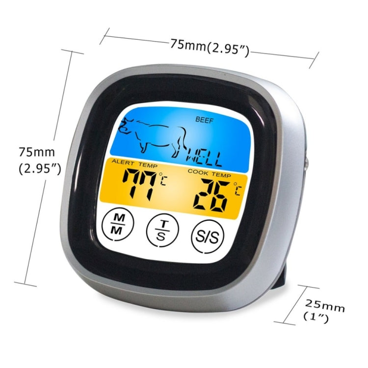 Kitchen Food Digital Display Touch Field Barbecue Thermometer, Black with Silver Frame