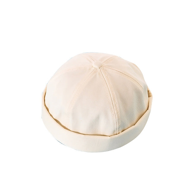 Autumn and Winter Models Cotton and Linen Landlord Hat Cuffed Melon Cap, Adjustable White