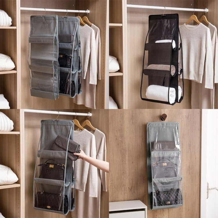 6 Pockets 3 Layers Foldable Hanging Bag Shelf Bag Purse Handbag Organizer, Black, Gray