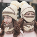3 In 1 Female Winter Two-color Warm Woolen Cap Mask and Scarf, Free Size