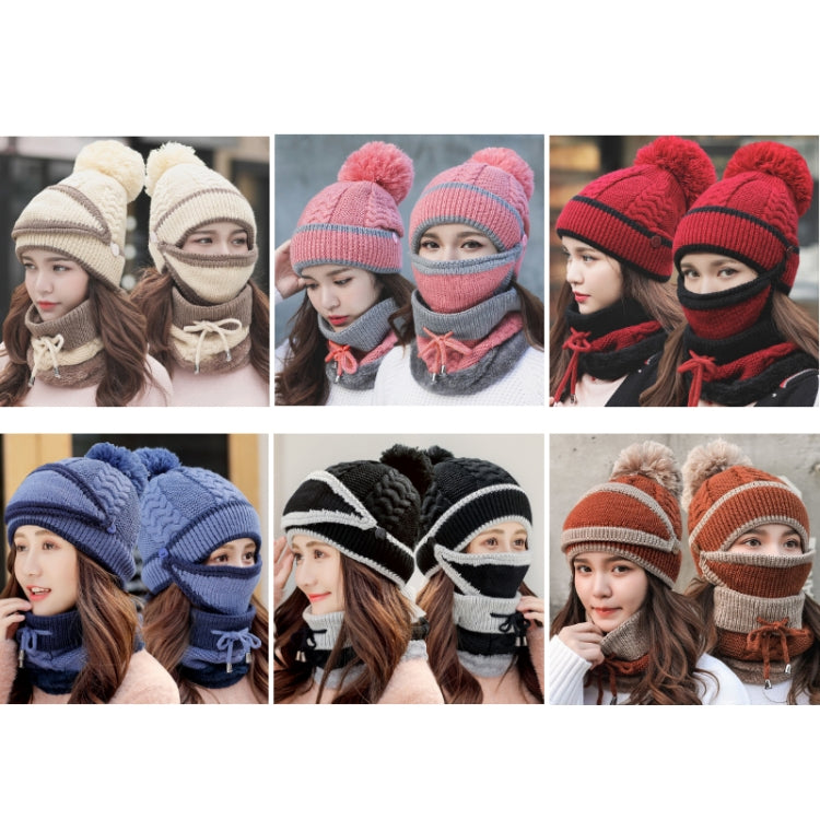 3 In 1 Female Winter Two-color Warm Woolen Cap Mask and Scarf, Free Size