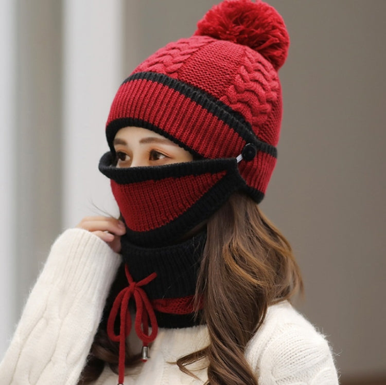 3 In 1 Female Winter Two-color Warm Woolen Cap Mask and Scarf, Free Size
