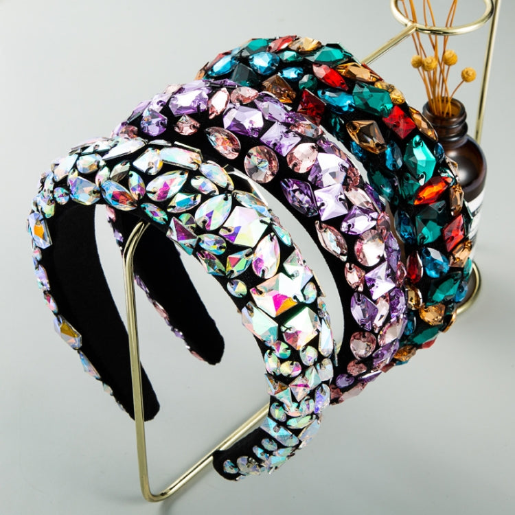Gold Velvet Headband High-end Color Full Rhinestone Handmade Wide-brimmed Headband, Color, AB White, Purple Pink
