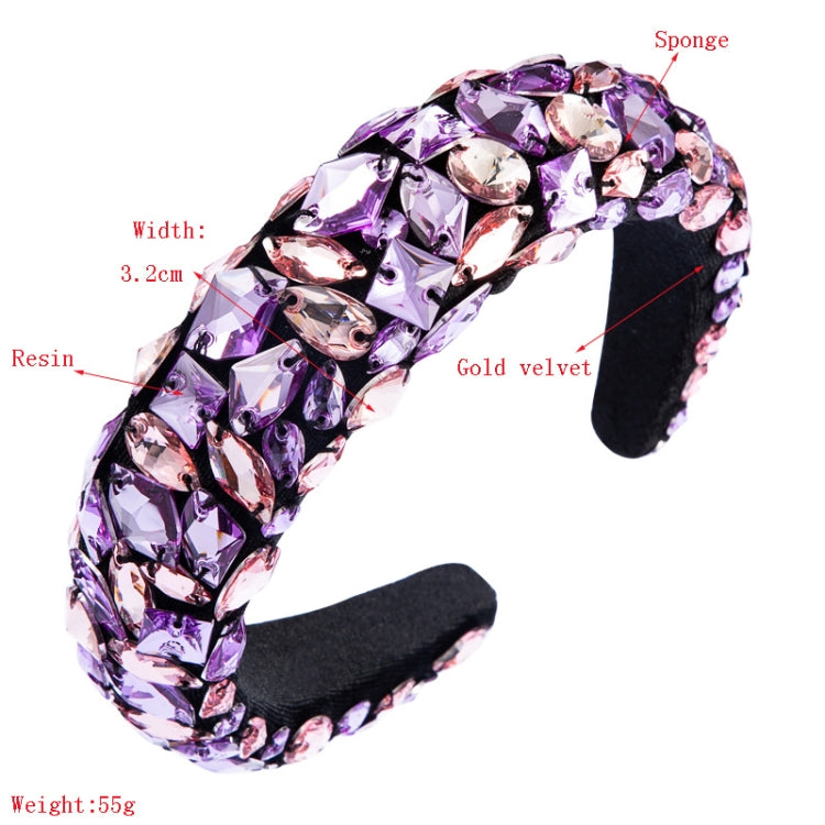 Gold Velvet Headband High-end Color Full Rhinestone Handmade Wide-brimmed Headband, Color, AB White, Purple Pink