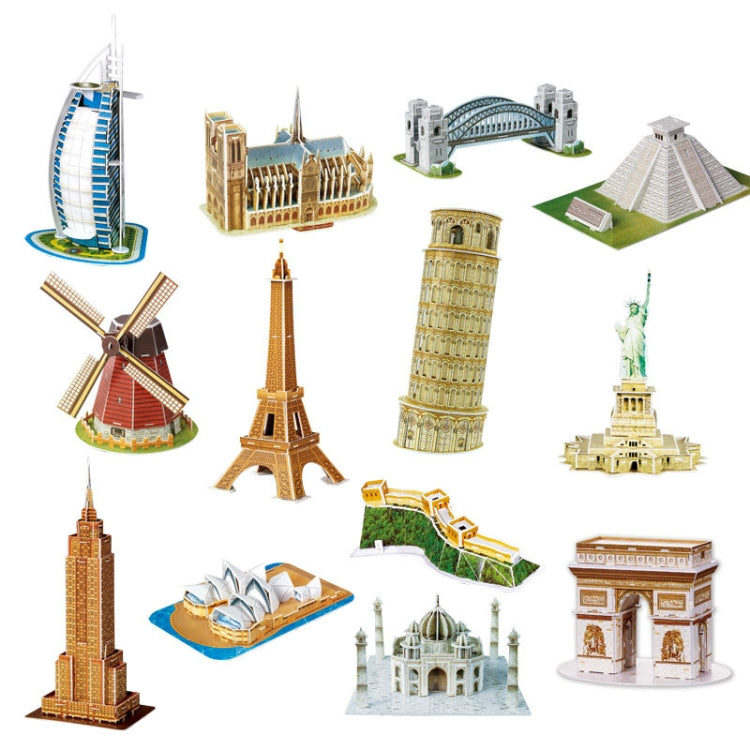 3 PCS 3D Puzzle Mini World Building Model Children Assembling Intellectual Toys, Burj Al Arab, Eiffel Tower, Empire State Building, Dutch Windmills, Mayan Pyramid, Notre Dame de Paris, Sydney Bridge, Sydney Opera House, Leaning Tower of Pisa           ...