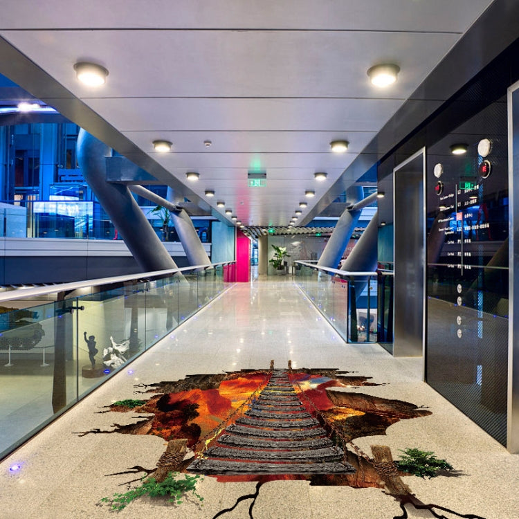 3D Flame Mountain Cable Bridge PVC Removable Floor Stickers, 3D Flame Mountain Cable Bridge
