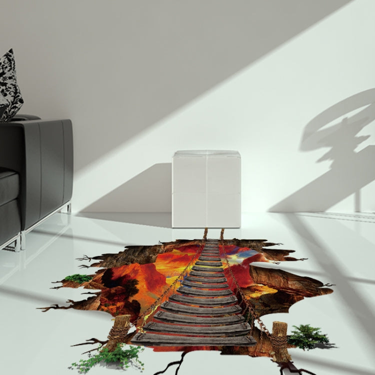 3D Flame Mountain Cable Bridge PVC Removable Floor Stickers, 3D Flame Mountain Cable Bridge
