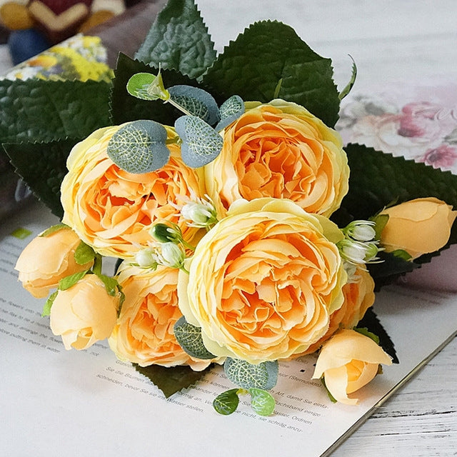 5 PCS Artificial Rose Flowers Small Bouquet Flores Home Party Wedding Fake Flower Decoration, Yellow, White, Purple, Magenta, Pink, Pink and Magenta, Blue