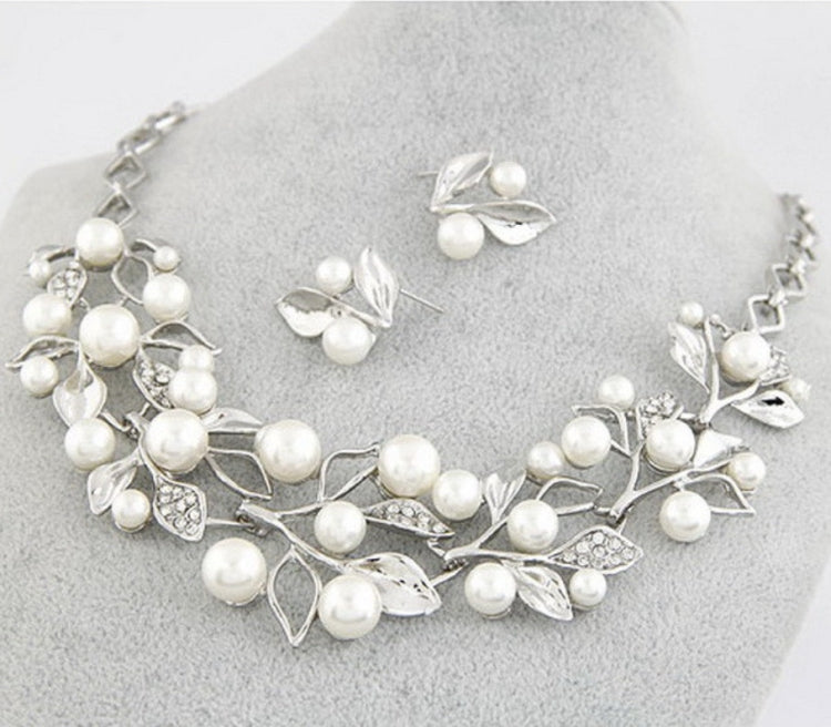 Leaf Crystal Simulated Pearl Wedding Jewelry Necklaces Earrings Sets, Gold, Silver