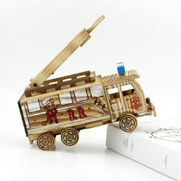 Simulation Fire Rescue Truck Creative Home Model Wooden Ornaments。, Fire Truck