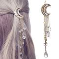 Fashion Elegant Women Lady Moon Rhinestone Crystal Tassel Long Chain Beads Dangle Hairpin Hair Clip Hair Jewelry, Gold, Silver, Rose Gold, Bronze