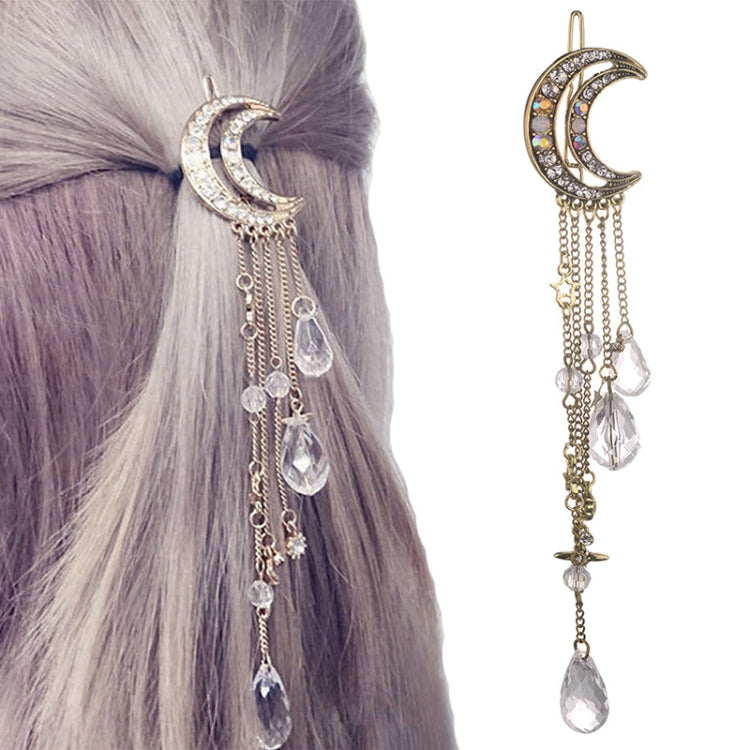 Fashion Elegant Women Lady Moon Rhinestone Crystal Tassel Long Chain Beads Dangle Hairpin Hair Clip Hair Jewelry, Gold, Silver, Rose Gold, Bronze