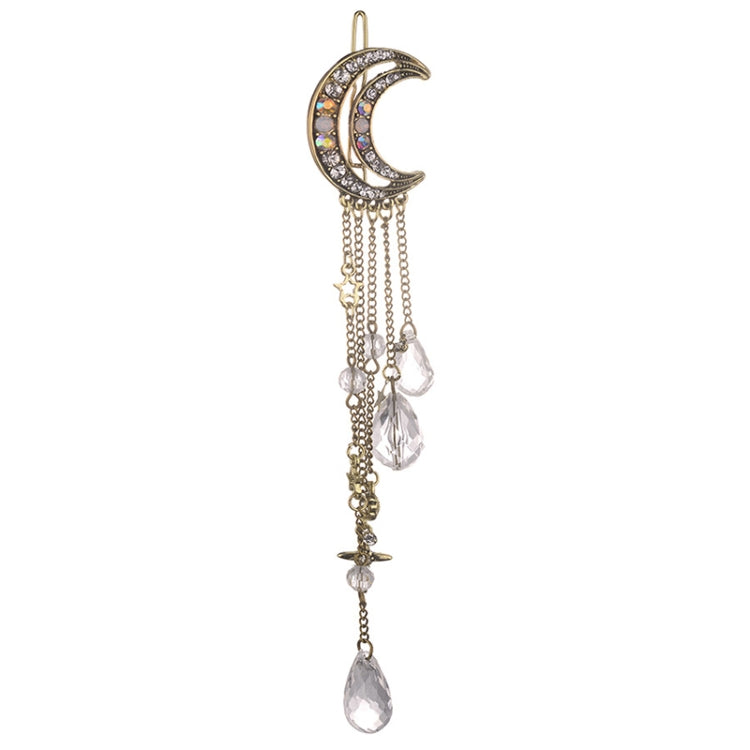 Fashion Elegant Women Lady Moon Rhinestone Crystal Tassel Long Chain Beads Dangle Hairpin Hair Clip Hair Jewelry, Gold, Silver, Rose Gold, Bronze
