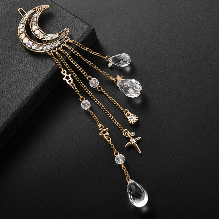 Fashion Elegant Women Lady Moon Rhinestone Crystal Tassel Long Chain Beads Dangle Hairpin Hair Clip Hair Jewelry, Gold, Silver, Rose Gold, Bronze