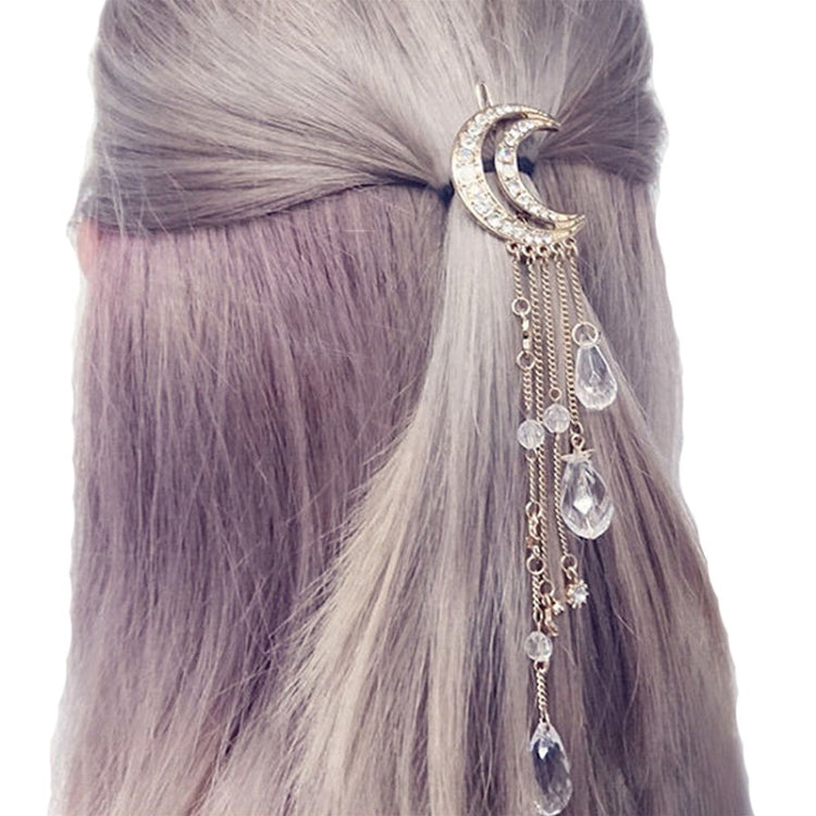 Fashion Elegant Women Lady Moon Rhinestone Crystal Tassel Long Chain Beads Dangle Hairpin Hair Clip Hair Jewelry, Gold, Silver, Rose Gold, Bronze