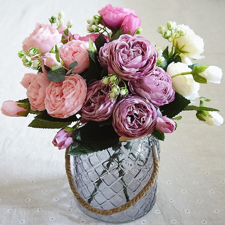 Beautiful Rose Peony Artificial Silk Flowers Small Bouquet Fores Home Party Spring Wedding Decoration Fake Flower, Pink, White, Blue, Pink and dark pink, Purple, Dark Pink, Orange, Red