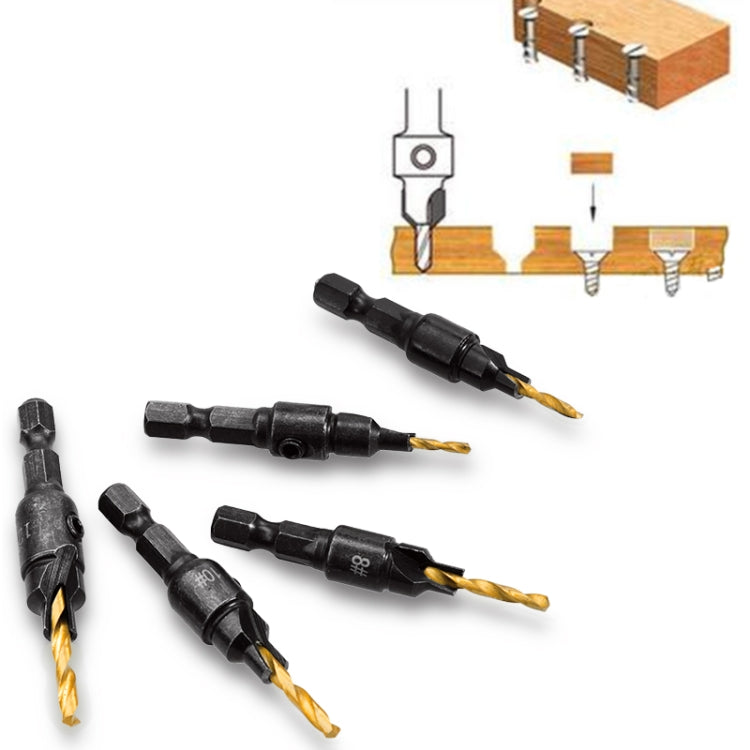 5 PCS/Set Countersink Woodworking Drill Bit Set Hexagon Screw Hardware Tool, Gold, Silver