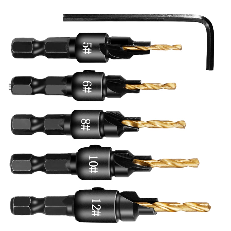5 PCS/Set Countersink Woodworking Drill Bit Set Hexagon Screw Hardware Tool, Gold, Silver