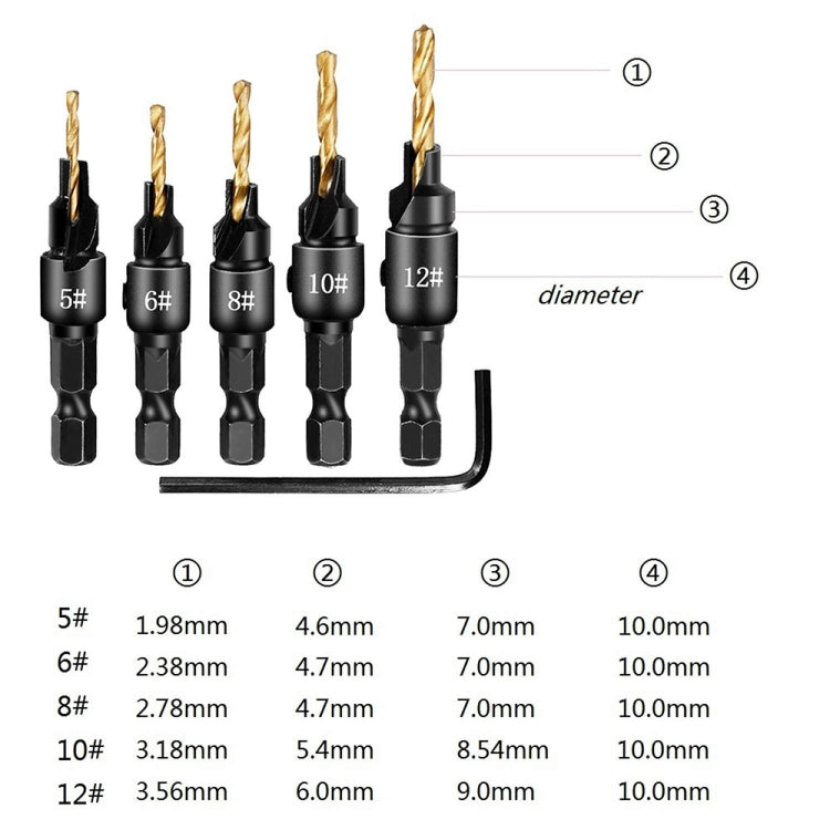 5 PCS/Set Countersink Woodworking Drill Bit Set Hexagon Screw Hardware Tool, Gold, Silver