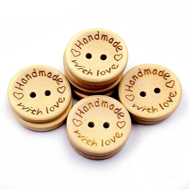 100 PCS/Set Natural Color Wooden Buttons Handmade Love Letter Wood Button Craft DIY Baby Apparel Accessories, 15mm, 20mm, 25mm