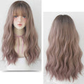 Ladies Long Hair Slightly Curly Wig Natural Fluffy Hair Cover, Gradient Soot Pink, Cool Brown, Dark Brown