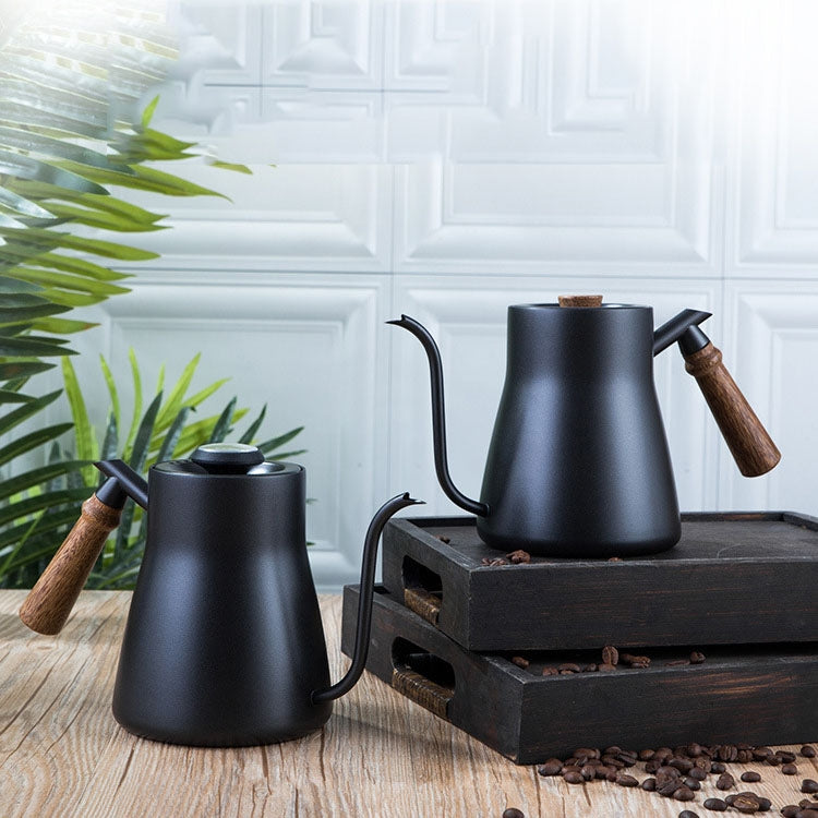 304 Stainless Steel Coffee Hand Pot Wooden Handle Coffee Pot Teflon Long-Mouth Slender Pot, Without Thermometer, With Thermometer